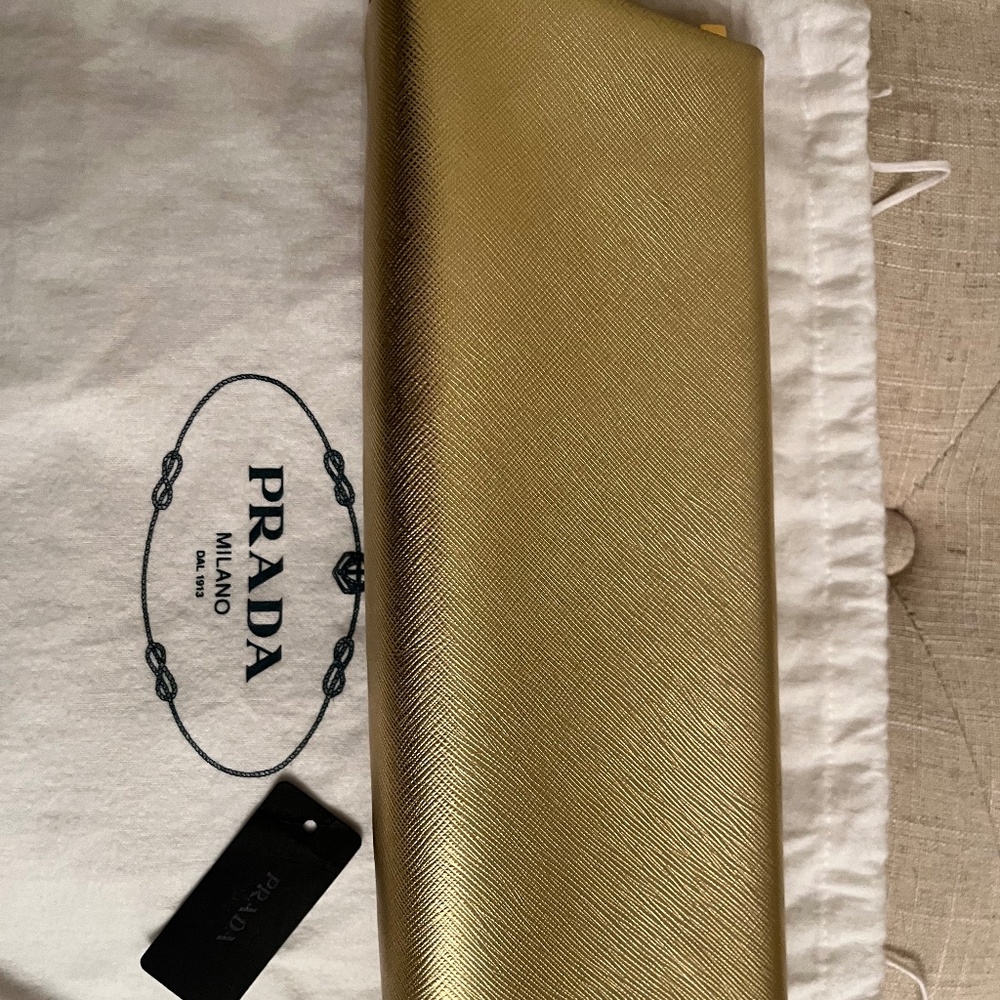 Prada Saffiano east west gold clutch